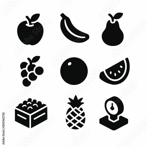 Black silhouette icons of various fruits including apple, banana, pear, and pineapple