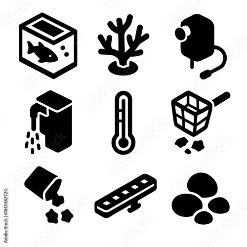 Aquarium essentials icons set: fish tank, coral, pump, feeder, thermometer, net, filter, gravel