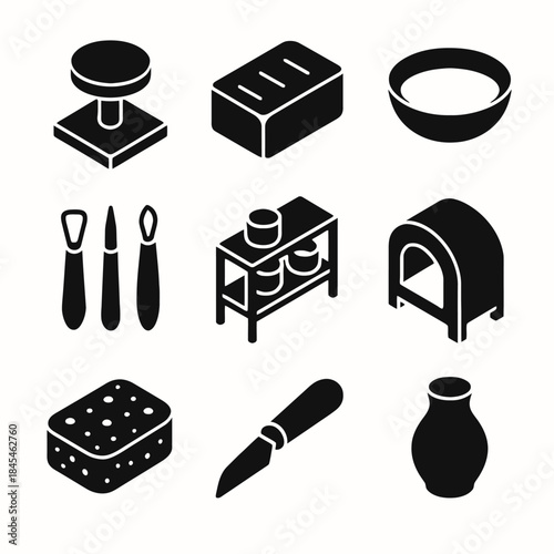 Silhouette icons of pottery tools and equipment for crafting and ceramics