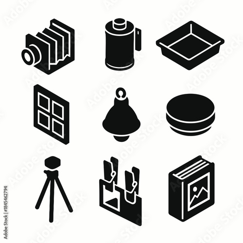 Black and white retro photography equipment icons set