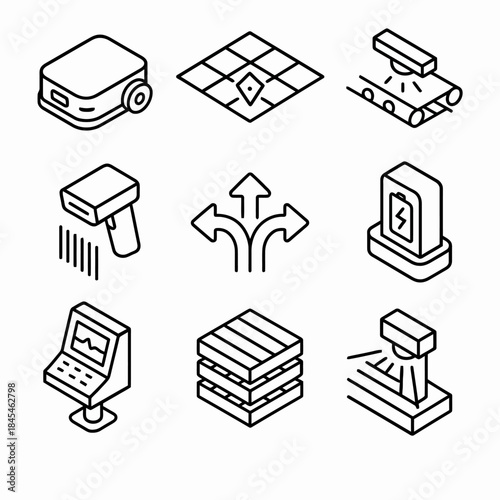 Isometric warehouse icons: barcode, conveyor, charging station, forklift