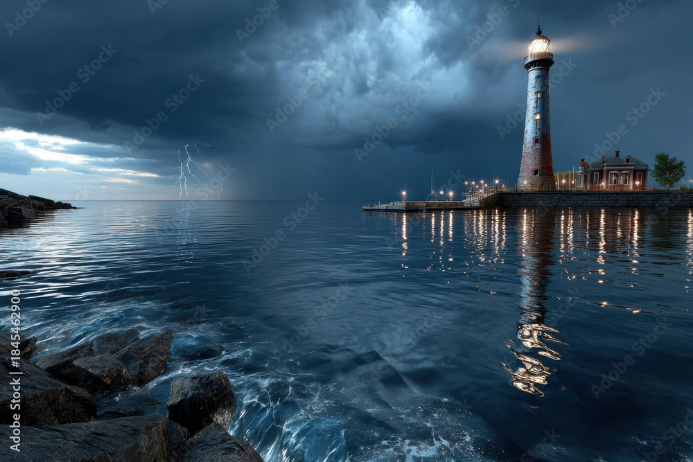 Fototapeta premium Stormy lighthouse by the sea with lightning and dark clouds at twilight