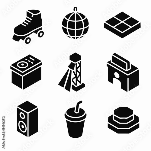 Retro party elements: roller skate, disco ball, dj deck, stage, and more icons