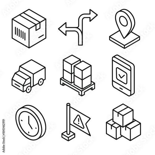 Logistics icons set with package, arrow, location, and more in black and white
