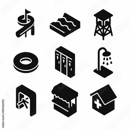 Monochrome pool icon set featuring slide, wave, lifeguard tower, shower, and more
