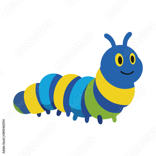 Whimsical and cheerful cartoon caterpillar character, brightly colored in blue, yellow, and green, crawling happily for kid-friendly nature and garden themes