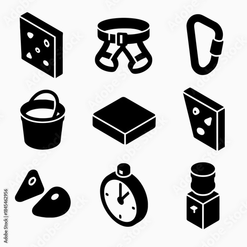 Rock climbing equipment icons: chalk, harness, carabiner, holds, timer
