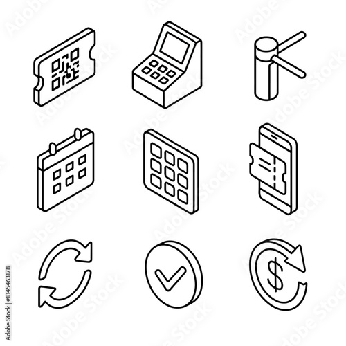 Isometric icons of ticketing, payment, and calendar elements in line art style