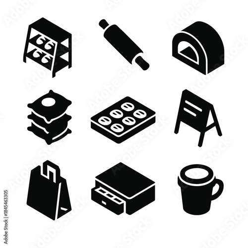 Black silhouette icons of bakery tools and symbols