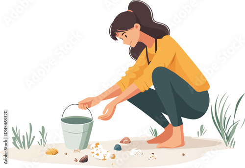 Woman picking up seashells on sand with bucket beach vacation summer activity illustration flat design