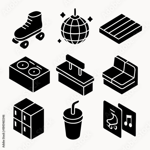 Retro roller skating icons: skates, disco ball, music, dj, soda, seating