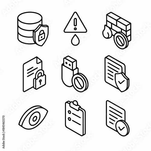Isometric cybersecurity icons with lock shield alert and firewall symbols