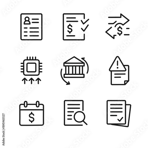Finance icons: invoices, transactions, banking, chip, documents, calendar, analysis