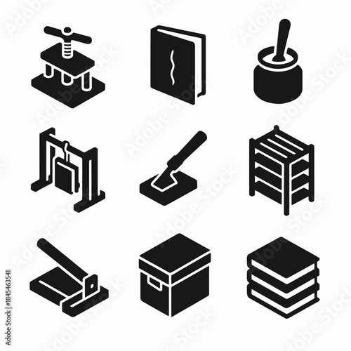 Icon set of bookbinding tools including press, book, and cutting blade