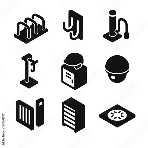 Set of security and surveillance icons including cameras and locks