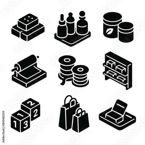 Monochrome icons of everyday objects: skincare, packaging, toys, and more