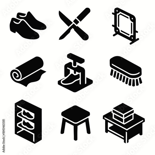 Shoe care icon set: shoes, polishing, brush, rack, stool, press, leather, frame