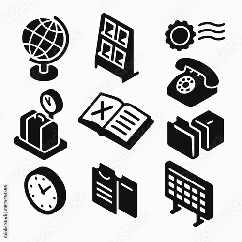 Vintage travel icons set: globe, telephone, clock, calendar, suitcase, book, folders