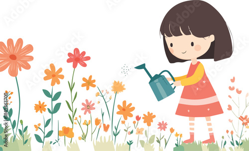 Cute little girl watering colorful spring flowers in a garden illustration for children's room decor or springtime activity promotion