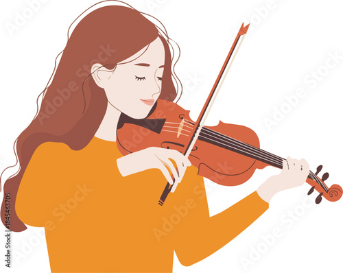 Young woman playing violin solo music practice illustration with long flowing hair and orange shirt isolated on white background