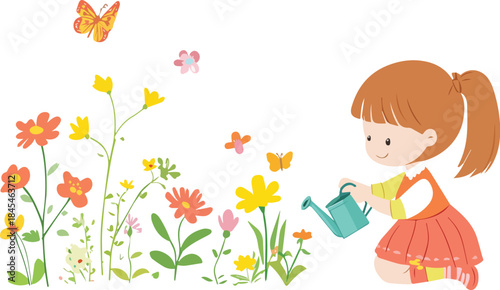 Cute illustration of a happy child watering colorful spring flowers and butterflies in a garden setting isolated on white background