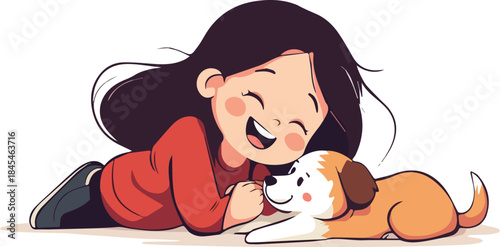 Happy cartoon girl hugging cute puppy dog friendship illustration isolated on white background for pet love concepts