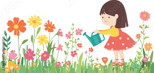 Cute child watering colorful springtime flowers in garden illustration with white background perfect for kids book art