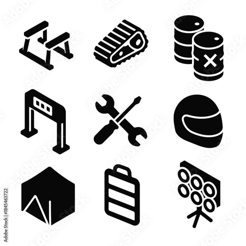 Motorsport icons: tools, track, helmet, checkpoint, tires, battery, tent, lights