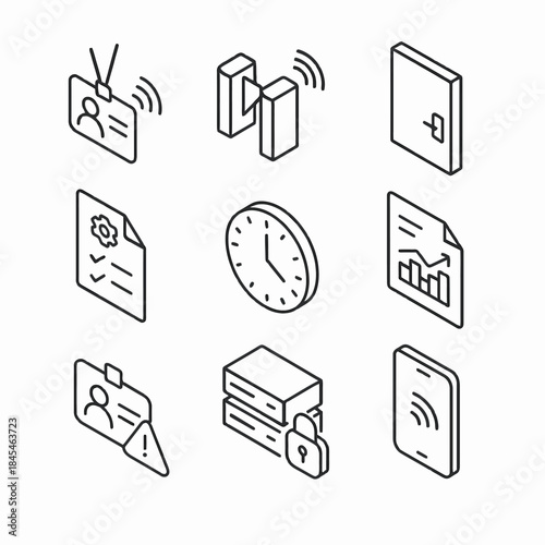 Secure access and data management icons: id badge, technology, analytics, clock, and security lock