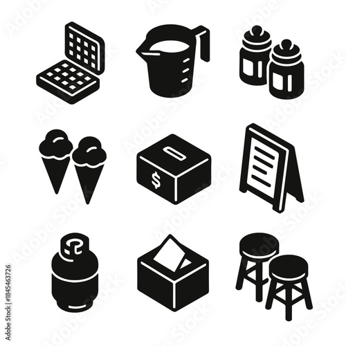 Collection of kitchen, food, and furniture icons in black and white