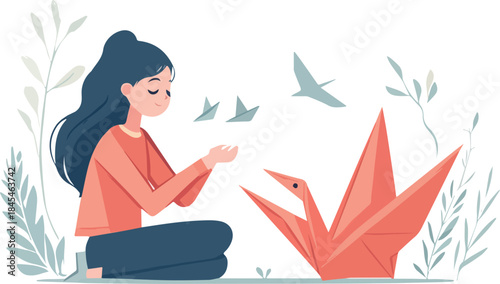 Young woman meditating with large origami crane and small paper birds surrounded by gentle foliage illustration for peace and wishes