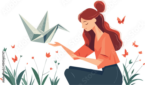 Young woman with long hair holding a delicate paper origami crane among small flowers and butterflies illustration concept for hope and dreams