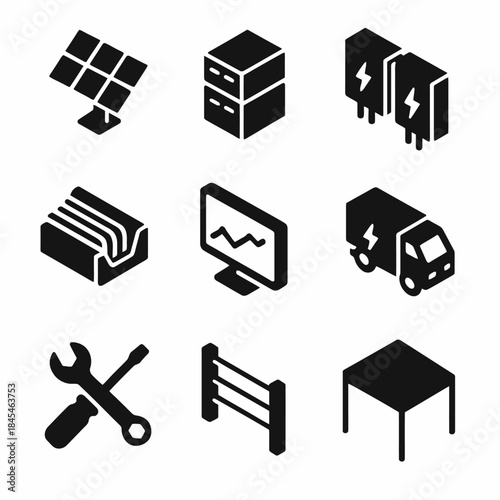 Simple black icon set featuring solar panel, server, batteries, and tools
