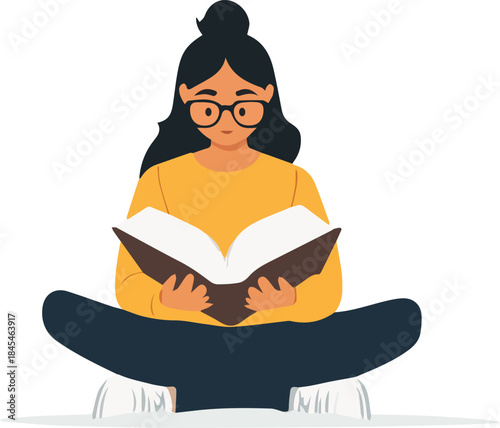 Illustration of young woman with glasses reading a book while sitting cross legged for education study leisure concept
