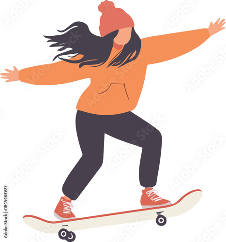 Young Woman Skateboarder in Beanie and Orange Hoodie Riding Skateboard Isolated Illustration for Urban Sports and Winter Activity Concepts