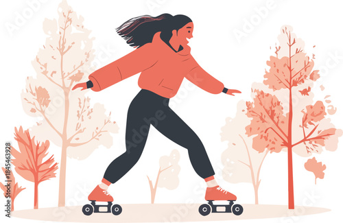 Woman roller skating outdoors in park setting with stylized autumn trees vector illustration activity leisure
