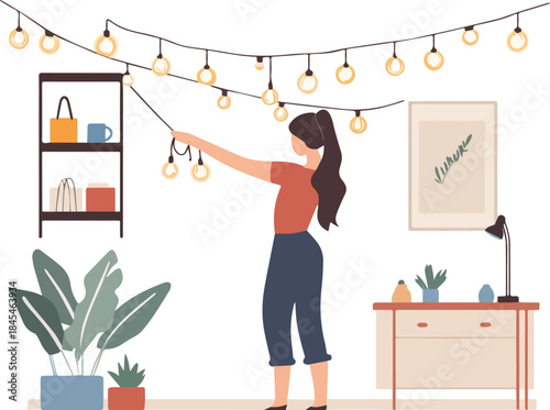Woman decorating apartment interior hanging string lights by shelf plants and modern furniture cozy home atmosphere illustration