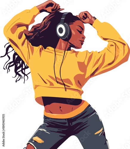 Young Black Woman Dancing Wearing Headphones Yellow Crop Top Ripped Jeans Listening to Music Vibe Vector Art