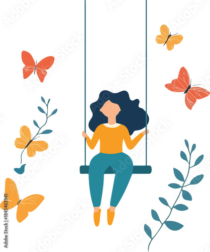 Woman swinging carefree surrounded by colorful butterflies and simple botanical plant illustrations vector art for mental wellness and nature enjoyment