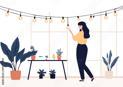Woman decorating home interior with string lights near potted houseplants by a large window background flat illustration