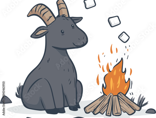 Cute cartoon goat character sitting by a campfire roasting marshmallows funny animal camping illustration isolated on white background