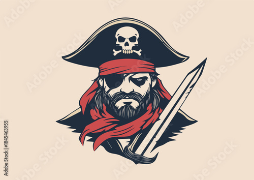 Fierce Pirate Captain Portrait with Eye Patch Red Bandana Skull Hat and Sword Illustration on Light Background