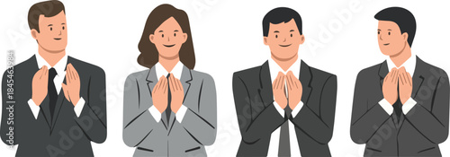 Asian Business People Group Praying Showing Respect or Gratitude in Namaste Gesture Flat Illustration
