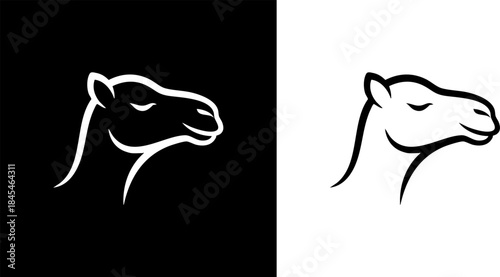 Sleeping Camel Head Line Art Vector Logo. Minimalist Desert Animal Profile Icon. Calm Dromedary Symbol for Travel, Tourism, and Relaxation Branding.