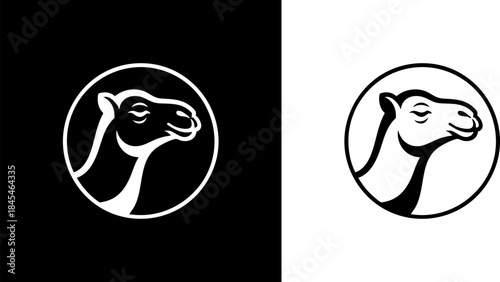 Camel Head Side View Vector Logo. Bold Black and White Desert Animal Inside Circle Icon. Minimalist Arabian Dromedary Symbol for Travel, Tourism, and Zoo Branding