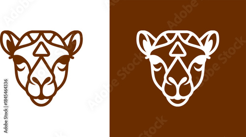 Geometric Camel Head Vector Logo. Minimalist Front View Desert Animal Icon. Modern Brown Line Art Dromedary Symbol for Travel, Tourism, and Zoo Branding.
