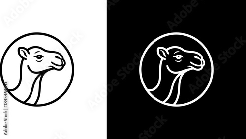 Minimalist Camel Head Line Art Vector Logo. Desert Animal Profile Inside Circle Icon. Arabian Dromedary Symbol for Travel, Tourism, and Zoo Branding.