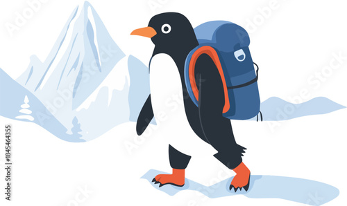 Cute cartoon penguin hiker with backpack walking in snowy arctic landscape with ice mountains illustration vector design
