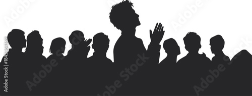Silhouette of a group of people with one man looking up with hands raised praying worshiping mass gathering concept isolated on white background
