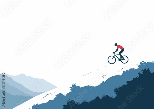 Mountain Biker Silhouette Cycling Uphill Against Layered Blue Mountains Abstract Minimalist Sports Concept with Copy Space